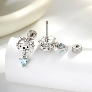 Cute cat diver stud earrings with light blue heart pendant and screw back closure