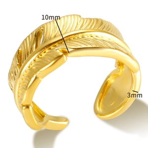 Golden feather stainless steel open ring with detailed texture and 10mm width