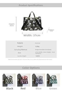 Size specifications and multi-color options for skull print tote bag with dimensions