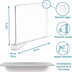 Clear acrylic shelf divider dimensions 11.8x7.87 inches with beveled edges and clip