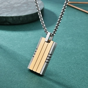 Men's square two-tone stainless steel pendant necklace with brushed metallic texture