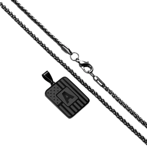 Men's gun-black titanium steel rectangle pendant necklace with letter A and flag pattern