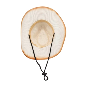 Detail of straw sun hat interior with adjustable chin strap and sweatband