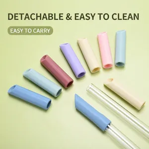 Reusable Tritan straw set with colorful silicone tips and glass tubes on green background
