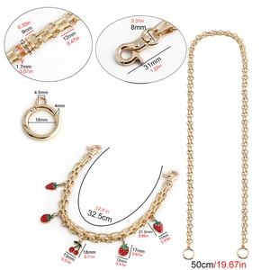 Detailed size specifications for gold chain straps with strawberry and cherry pendants