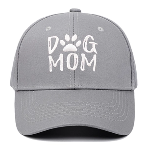 Dark grey cotton baseball cap with white DOG MOM embroidery and paw print detail