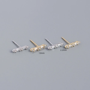 Minimalist S925 sterling silver bar earrings with three inlaid zircons in gold and silver