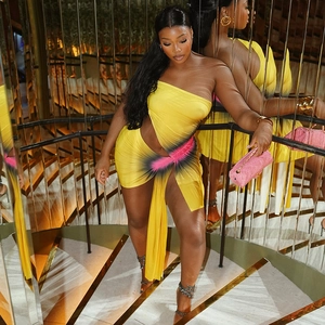 Sleeveless backless gradient dress in yellow and black with side cutout and high slit
