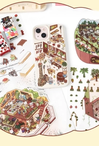 Detail of cute Japanese 3D miniature animal bakery stickers on a beige iPhone case