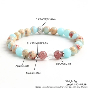 Natural agalmatolite and strawberry crystal beaded bracelet with stainless steel accents