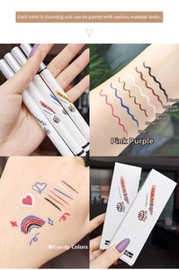Detail shot of multi-colored eyeliner pens showing fine tips and various pigment swatches