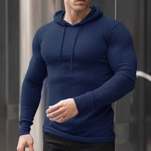 Navy blue slim fit men's hooded sweatshirt with ribbed texture for gym and athletic wear