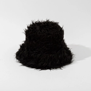 Close-up of the fluffy black faux fur texture on a warm winter bucket hat for women