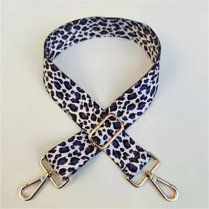 Macro shot of purple leopard print bag strap with adjustable golden metal hardware