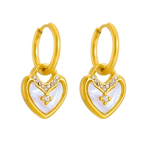 Elegant gold heart earrings with white mother of pearl inlay and sparkling rhinestones