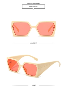 Front and side view of trendy beige square sunglasses with red tinted lenses