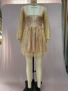 Detail des tiefen V-Ausschnitts am champagnergoldenen Paillettenkleid mit Netzärmeln