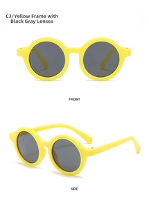 Soft yellow silicone baby sunglasses with dark grey polarized lenses in front and side views