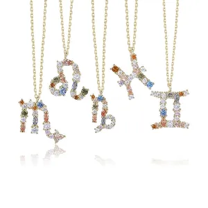 925 Sterling Silver Zodiac Constellation Necklace Colorful Zirconia Pendant Dainty Gold Plated Jewelry For Women Gift