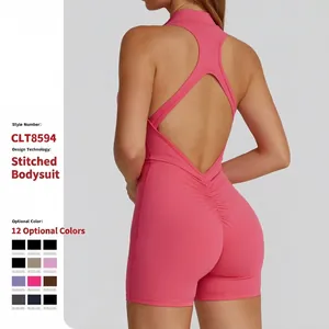 Women One Piece Yoga Bodysuit Sleeveless Halter Backless Athletic Romper Half Zipper Ruched Butt Lifting Gym Fitness Jumpsuit