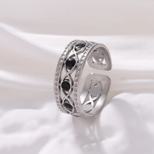 Vintage hollow titanium steel open ring in antique silver with four black gemstones