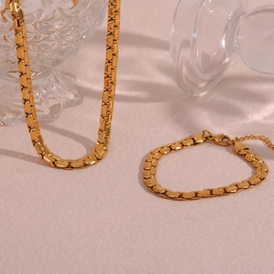 Minimalist 6.2mm gold stainless steel square flat chain necklace and bracelet set
