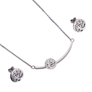 Elegant silver tree of life cutout necklace and earrings set on white background