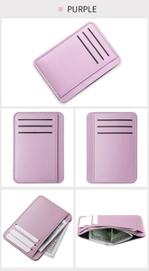 Detailed views of slim purple card holder featuring six card slots and cash compartment