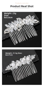Detailed view of silver bridal hair combs with pearls and rhinestones on dark stone