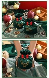 Detail of green velvet Christmas gift bag with golden reindeer motif and drawstring