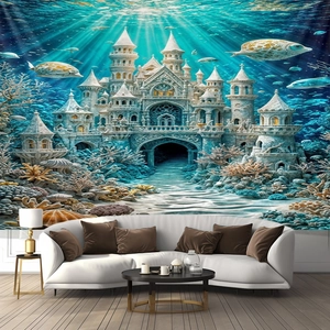 Detail of underwater castle tapestry showing coral reefs and fish in a modern living room