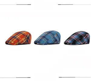Detail showing classic cotton plaid flat cap in orange, skyblue and black colors