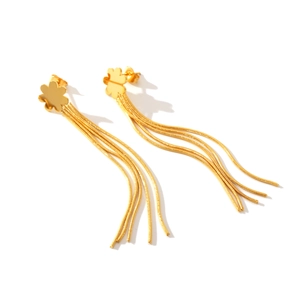 Gold stainless steel flower stud earrings with elegant long snake chain tassel pendants