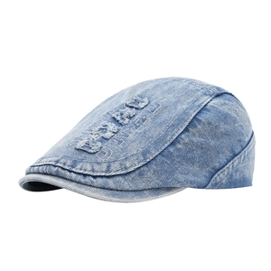 Retro washed light blue denim beret with embroidery and vintage distressed details