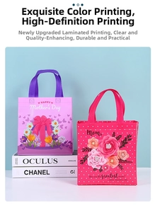 Detail of red and purple Mother's Day non-woven gift bags with floral patterns and handles