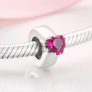 S925 sterling silver heart charm with pink gemstone on snake chain bracelet