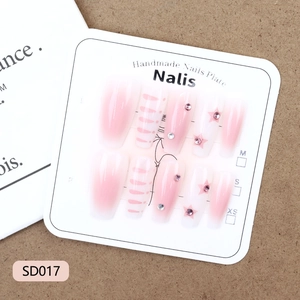 Pink blush gradient press-on nails with shiny stars and small rhinestones, 10pcs set