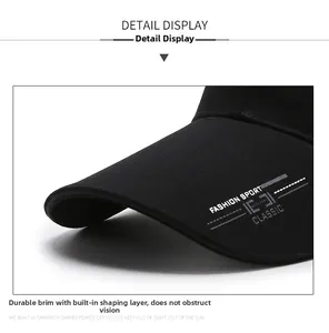 Detail of black cotton baseball cap brim with Fashion Sport text and structured visor