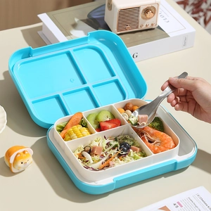 Blue 5-compartment plastic lunch box with stainless steel spoon for healthy meals
