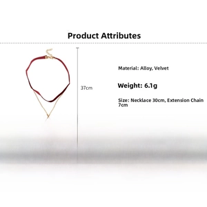 Detail of red velvet choker with gold chain showing 37cm length and heart pendant size