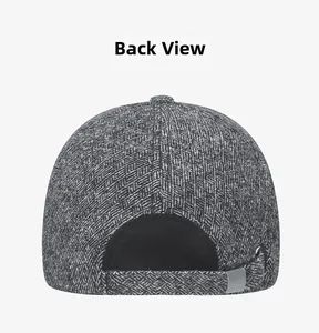 Detail view of winter herringbone cap back with adjustable strap and metal buckle