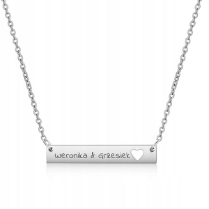 Minimalist silver bar necklace with hollow heart and custom engraving for couples