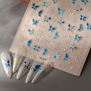 Icy butterfly nail stickers with 3D embossed glitter design and silver outlines, Co-314