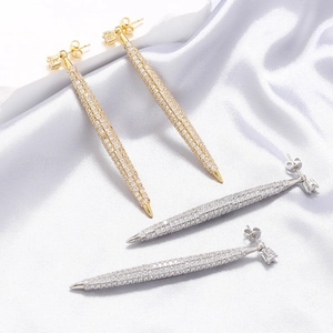Exaggerated Copper 18K Gold Plated Long Tapered Stud Earrings For Women Full Zirconia Inlaid Hip Hop Fashion Jewelry Gifts