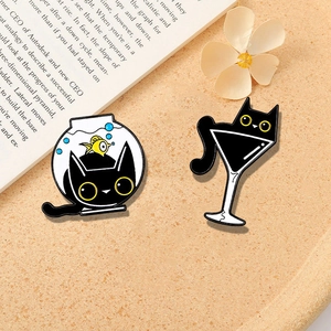 Cute Black Cat Enamel Brooch Pin Alloy Drip Oil Fishbowl Martini Glass Badge For Backpack Clothing Decoration Gift Novelty