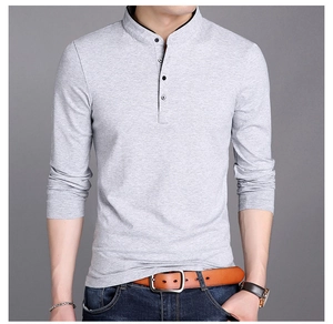 Detail of grey men's slim fit knit sweater with stand collar and buttoned placket