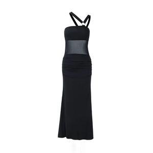 Detail view of black asymmetric dress with metal ring strap and mesh sheer waist panel