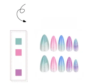 Detail showing almond gradient press-on nails in mint, pink, and blue with silver glitter