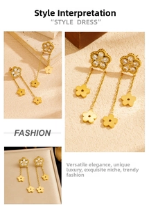 Detailed macro view of gold-plated stainless steel flower earrings with crystal tassels