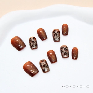 Detailed view of handmade amber cat-eye and leopard print press-on nails set